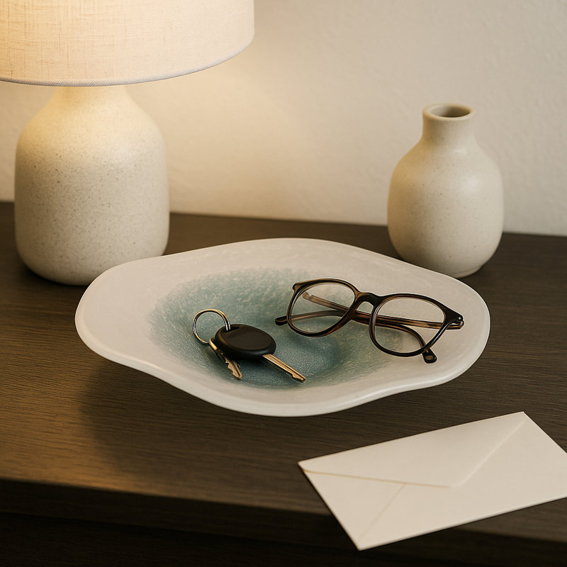 Bol décoratif décoratif en verre moucheté ondulé pour le salon - Bol décoratif moderne pour décoration intérieure ou plateau de table - 12 po, bleu et blanc