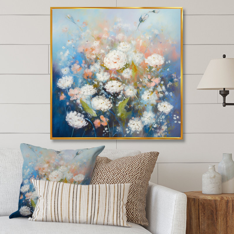 Rongstad, œillets bleus et blancs sur toile, H 16 po x l 16 po x P 1 po, Cadre flottant doré