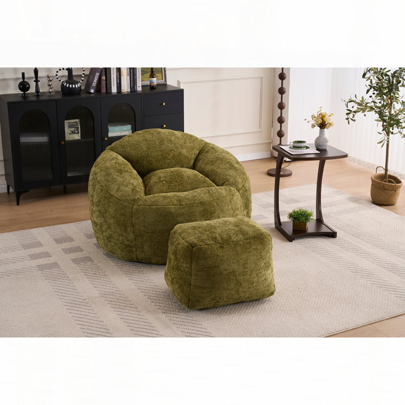 Fauteuil à billes en chenille avec repose-pieds, Chenille vert olive