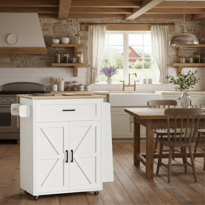 White Portable Kitchen Cart: Storage + Power Outlet + Folding Table, Suitable For Dining Rooms.