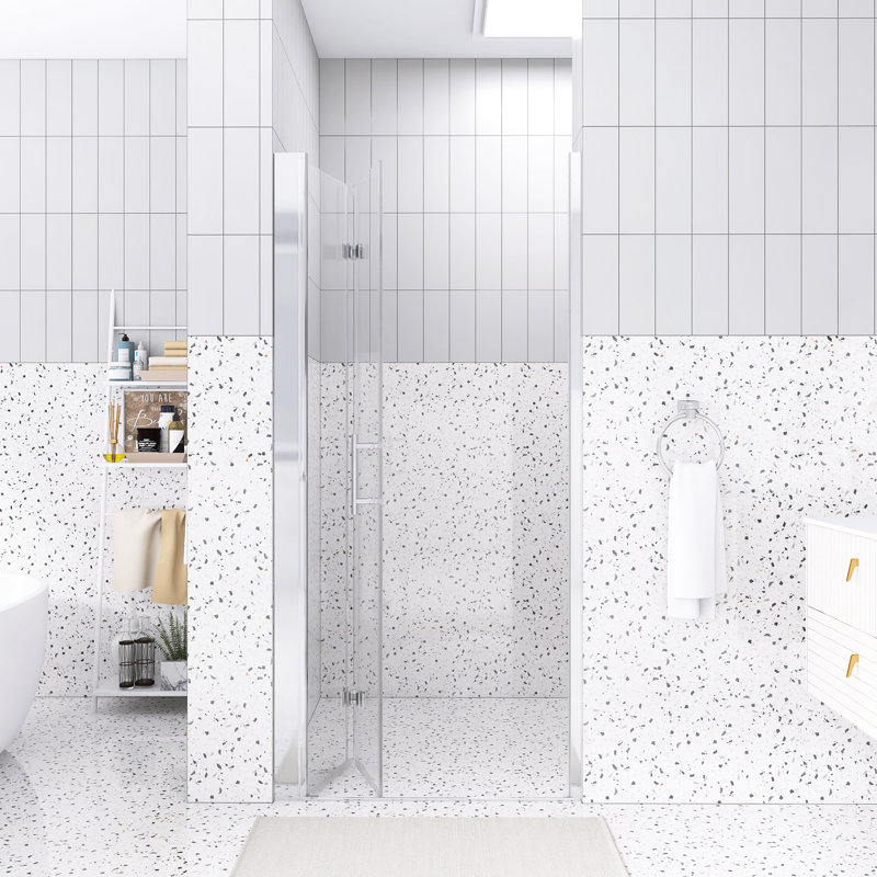 Porte de douche pliante 34 po x 72 po | Verre trempé 1/4 de pouce avec film antidéflagrant | Chrome | Cadre en aluminium