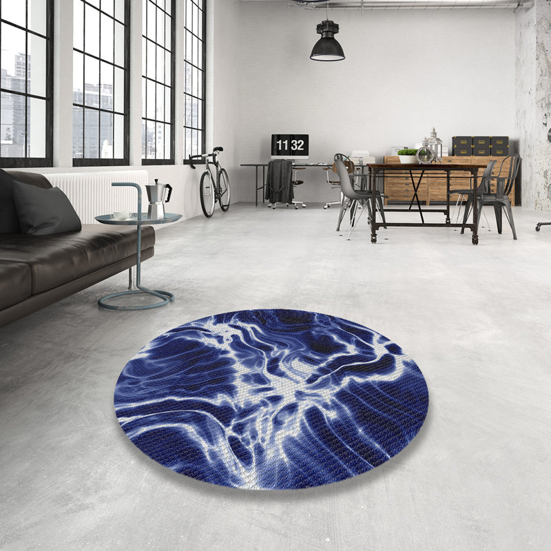 Bleu marine abstrait Tapis décoratif, Rond 6 pi