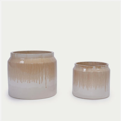 Ensemble de pots à fleurs en céramique non poreux faits à la main de 2, 6 po et 8 po de diamètre, glaçage beige, pour les plantes aquatiques intérieur / extérieur, tablette et bureau, argile respirante