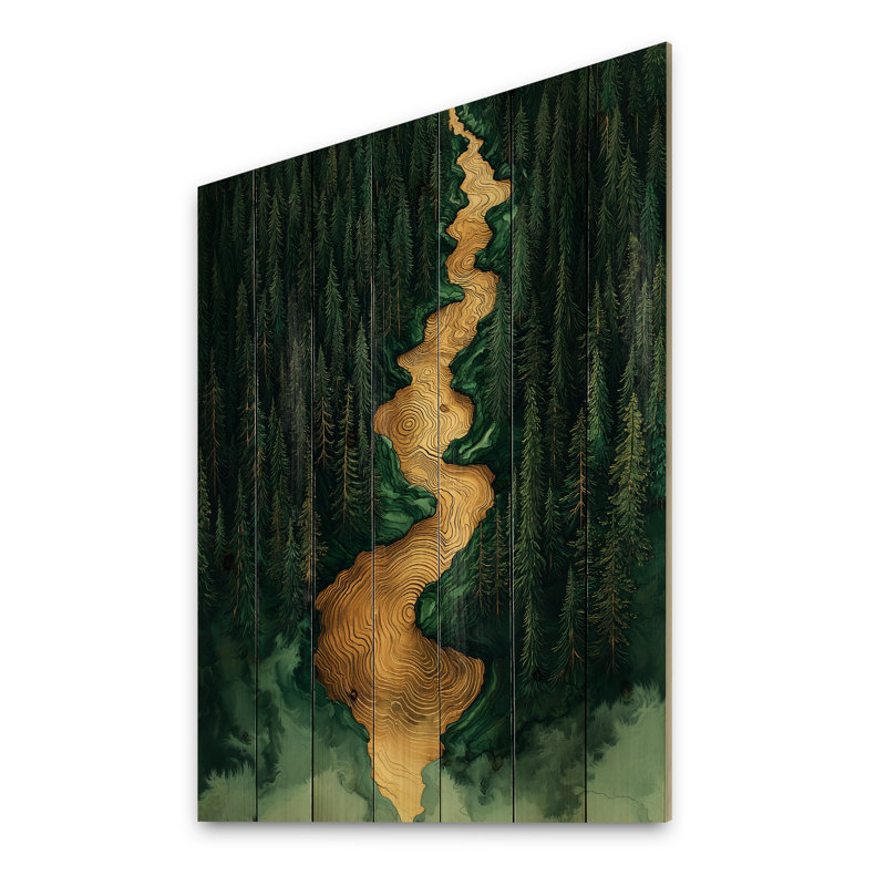 Forest River Of Emerald Crystal IV - Forest Wood Wall Art - On Natural Pine Wood, 20" H x 10" W x 0.78" D