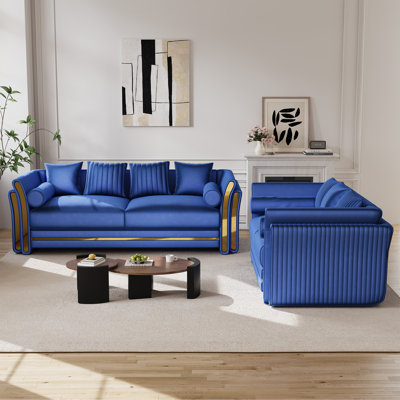  Ensemble de canapé en velours 2 pièces avec accoudoirs décoratifs dorés à deux couches