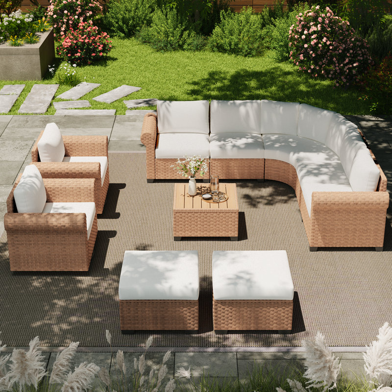 Ensemble de conversation en osier pour 9 personnes avec chaises pivotantes et repose-pieds
