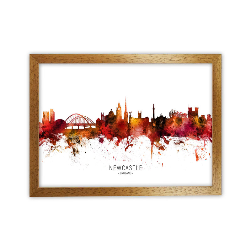 Newcastle England Skyline Red City Name by Michael Tompsett - Print, 46cm H x 63cm W x 3cm D, Oak Framed