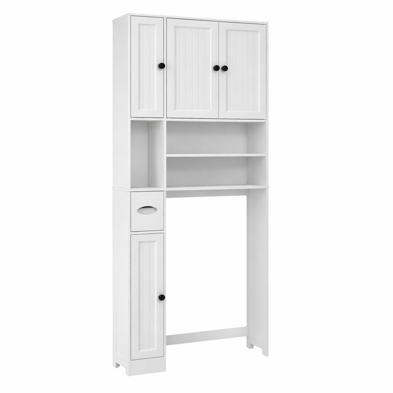 Rangement autoportant au-dessus de la toilette, organisateur de salle de bain avec 4 portes et 3 compartiments ouverts, tablette réglable et porte-mouchoirs, blanc