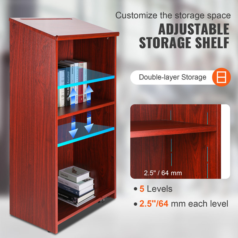 Brown 47" Wood Podium Stand with Adjustable Shelves and Casters
