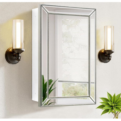 Retro Vintage Mirror Medicine Cabinet, Silver Beaded Wooden Frame & Retro Bevel Mirror with Storage, Recessed or Surface Mount 