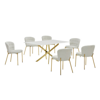 Ensemble de salle à manger rectangulaire en verre avec revêtement en marbre blanc avec chaises moelleuses