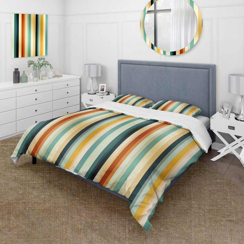 Ensemble de housse de couette à rayures - Harmonie rayée beige et vert, Housse de couette pour très grand lit et 2 très