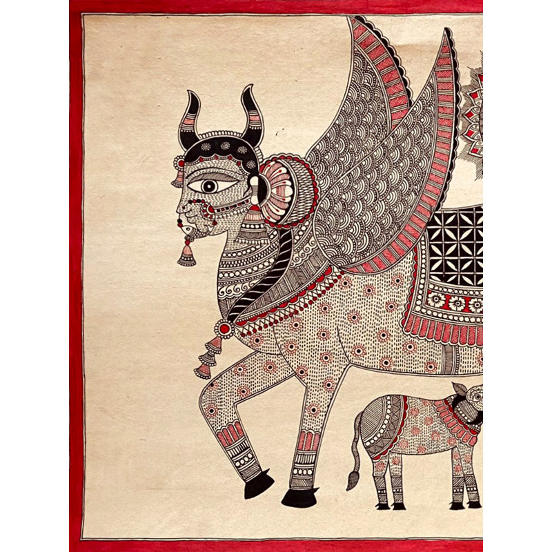 Déesse Kamdhenu et veau | Encre imperméable sur papier fait à la main | Par Priti Dalwadi