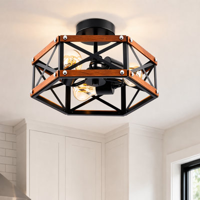 Wood Flush Mount Ceiling Light , Farmhouse Metal Cage Closed To Ceiling Mounted Lights for Hallway ,Kitchen ,Entry Dining