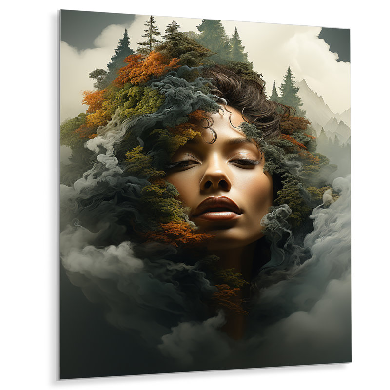 Double exposition «Woman and Mountain Echoes V» - art mural double exposition en métal, H 40 po x l 30 po x P 1,5 po