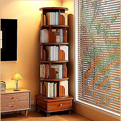 Étagère de rangement à 6 niveaux avec roulettes, bibliothèque rotative, bibliothèque d'angle à 360 degrés, rangement étroit