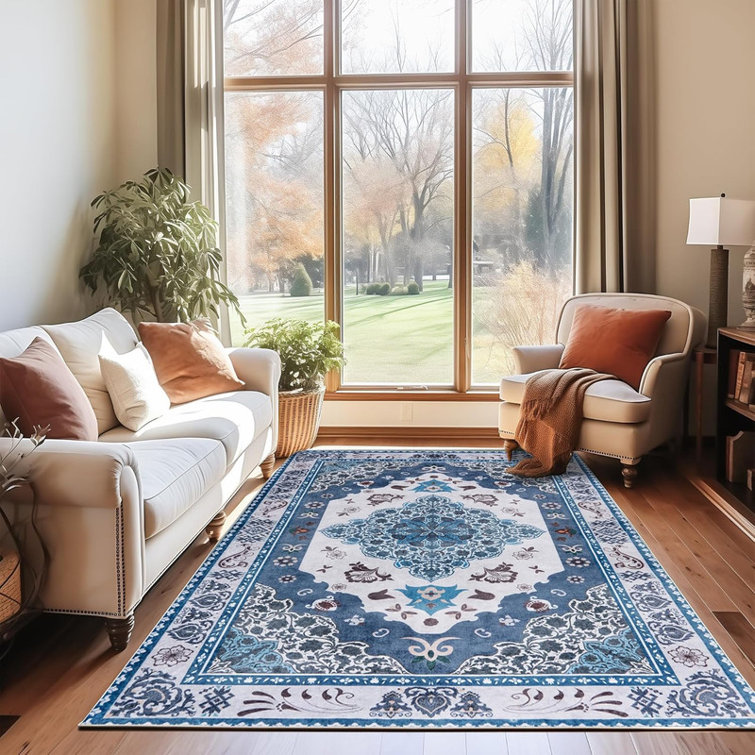 Machine Washable Indoor&Outdoor Area Rug Non-Slip Backing Blue Vintage Low Pile Rug for Living Room Bedroom Dorm Hotel