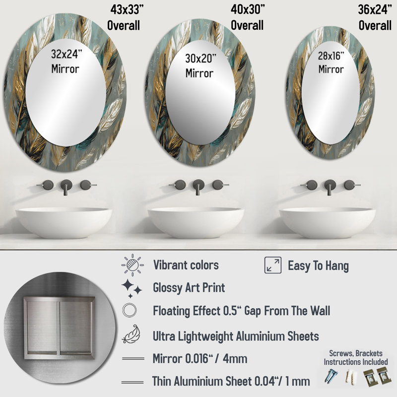 Gold Feather Extravaganza I - Large Oval Wall Mirror On Metal, 43" x 33"
