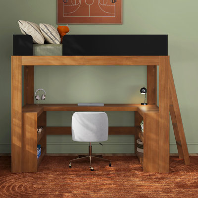 Lit mezzanine simple de style moderne Mid-Century avec bureau et tablettes enveloppantes, pacane / noir