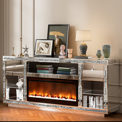 Mirrored TV Stand with Electric Fireplace, Drawers and Storage Space, Modern Entertainment Centre with Crushed Diamond