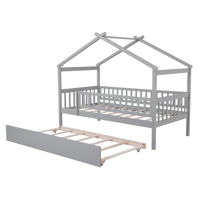 Lit simple en bois avec lit gigogne, Gris