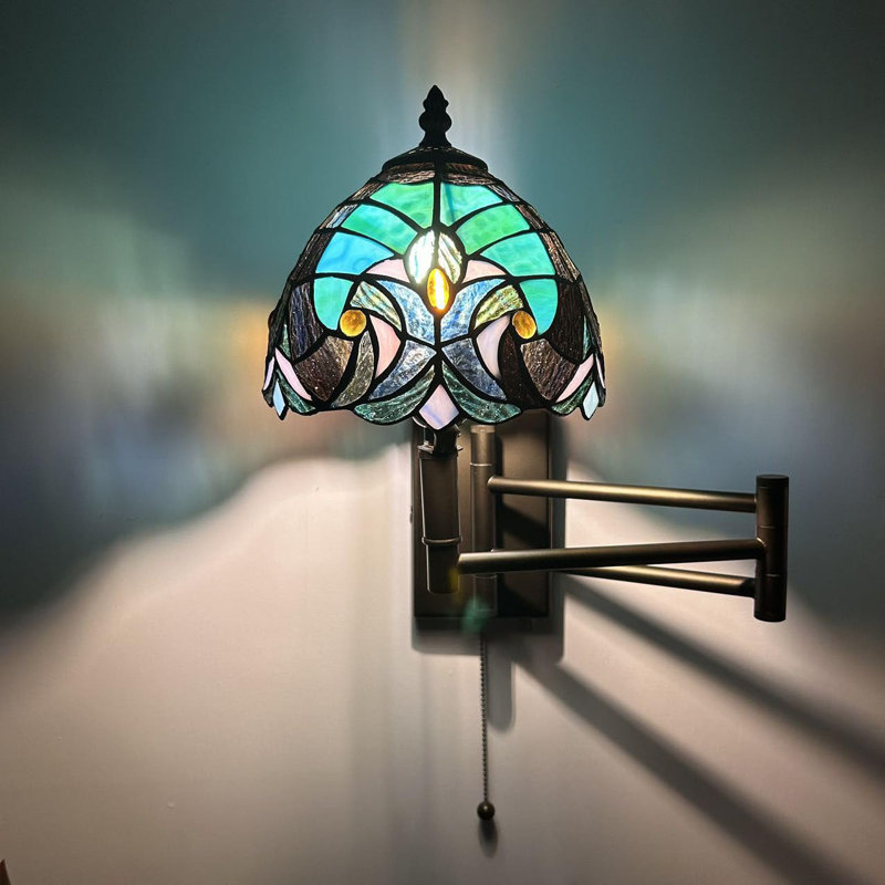 Tiffany Sconce Lamp Swing Arm Stained Glass Pull Chain Switch LED Bulb 13”W*8”D*15”H, Teal/Brown