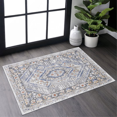 Collection Blue/Cream/Bordered Non-Shedding Living Room Bedroom Dining Home Office Stylish And Stain Resistant Area Rug