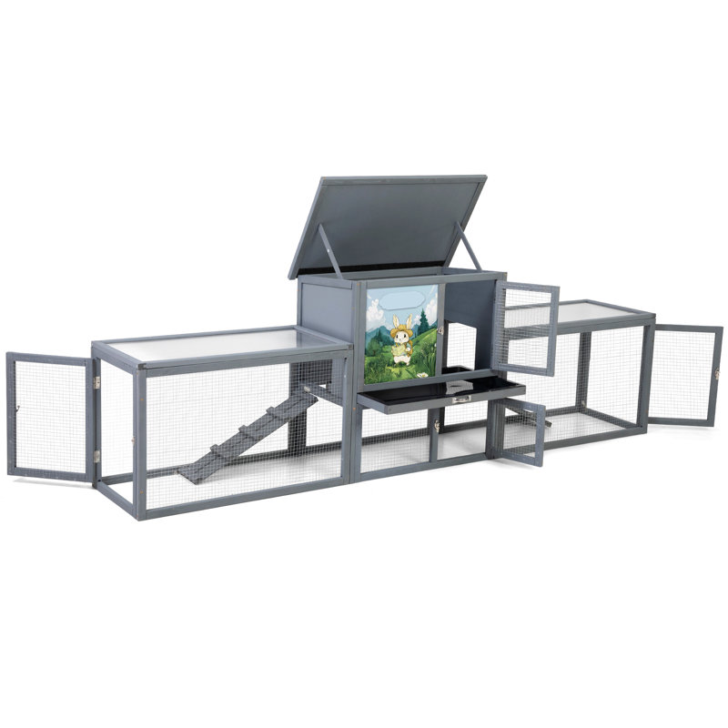 Très grand enclos extérieur pour lapin avec deux couloirs, chambre de repos confortable, toit ouvrant en PC et protection contre la pluie, plateau coulissant facile à nettoyer, portes en filet sécurisées par rampes, motifs colorés gris 2 étages