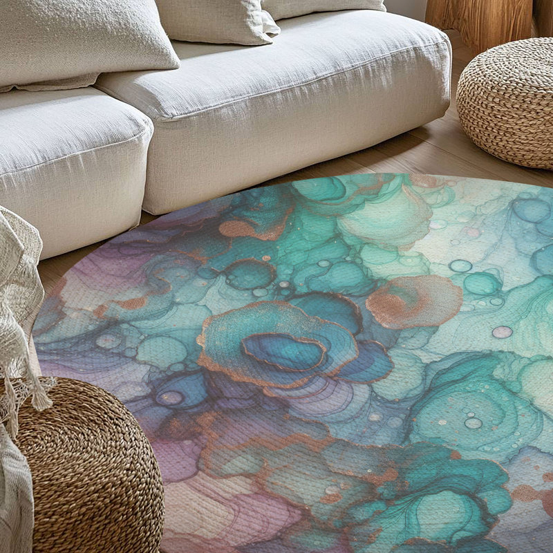 Tapis tressé bleu sarcelle doux délavé, Rond 5 pi