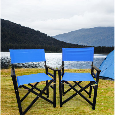 Ensemble de 2 chaises pliantes - Chaises de réalisateur en toile et bois bleu. 100 % bois de peuplier. Toile respirante et facile à nettoyer. Conception pliable pour un transport et un rangement pratiques. Convient aux adultes. Profondeur : 58 cm, hauteur : 51 cm.