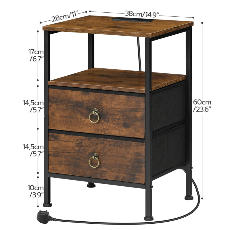 Side Table With Charging Station, Bedside Table With 2 USB Ports And Outlet, End Table With 2 Fabric Drawers, Sofa Side Table, Nightstand For Small Spaces