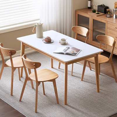 White+Burlywood Rectangular Sintered Stone+Solid Wood Dining Table