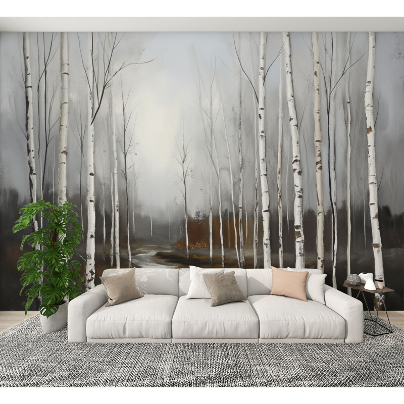 Peel and Stick Wallpaper White Birch Tree Grey Forest Abstract Landscape Panoramic Wall Murals 100"H x 144"W Removable PVC Wall Paper Self-Adhesive Wall Decor for Bedroom Living Room Home Office
