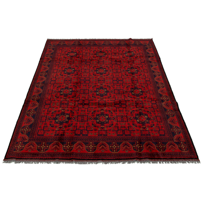 Tapis décoratif en laine rouge noué à la main New Age de conception unique 6 pi 4 po x 9 pi 5 po Deneen