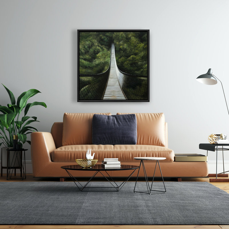 Gray Modern Framed Canvas - Suspended Bridge in Forest Decor