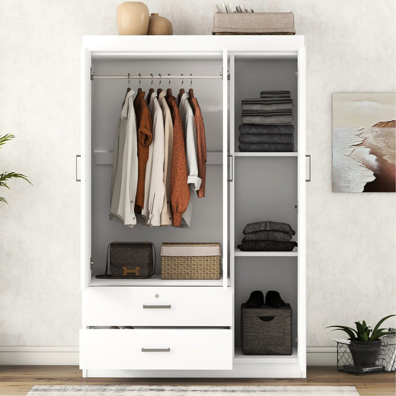 Armoire 3 portes blanche à 2 portes - Organisation élégante moderne avec 2 tiroirs, chambre à coucher essentielle
