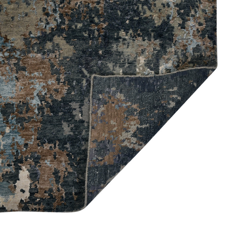 Sky Blue Hand-Knotted Wool and Silk Abstract Rug, 8' x 10'