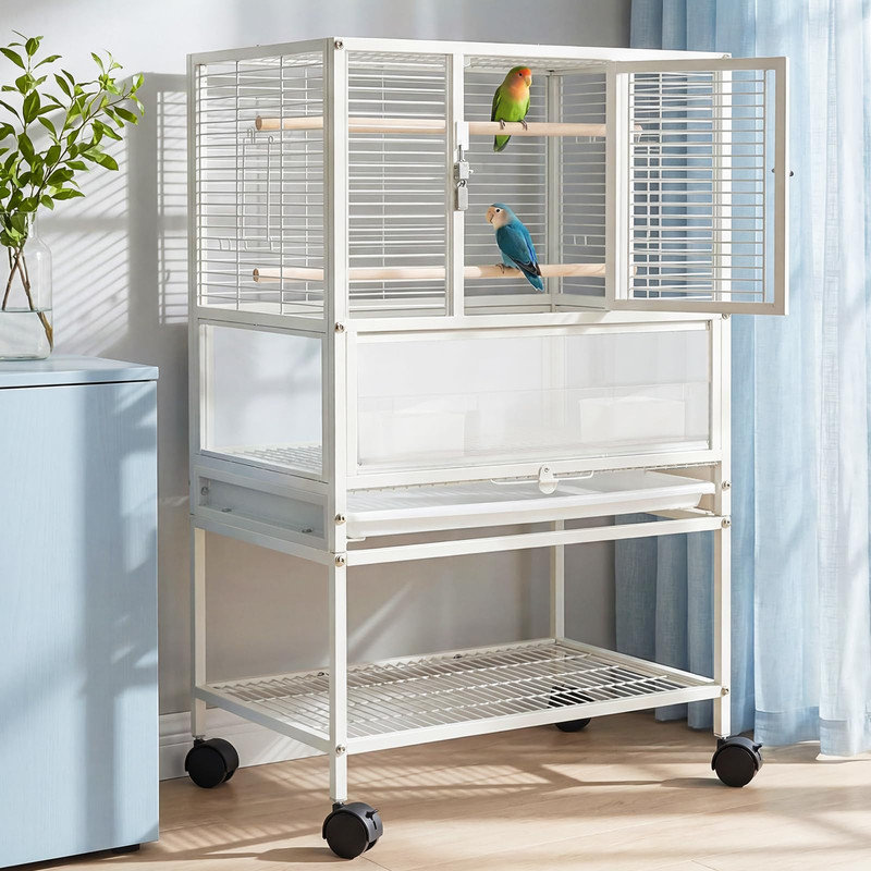 Volière d'oiseaux 3-en-1 blanche spacieuse sur roulettes - grande cage de vol et support pour perruches, conures et cacatoès