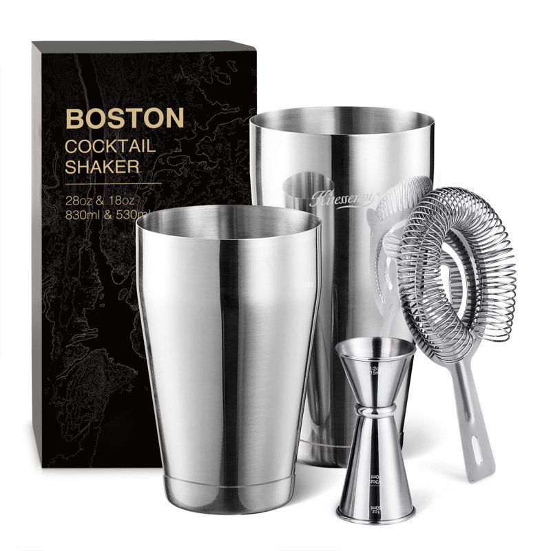 Ensemble de shaker Boston, ensemble de barman 4 pièces Boston Shaker avec shaker 18 oz et 28 oz, crépine Hawthorne, jigger à double mesure, cartes de recettes de cocktail incluses
