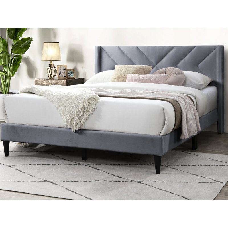Élégant grand lit en velours gris, tête de lit distinctive, sommier en velours moderne non requis, revêtement doux, sans ressorts, essentiel pour la chambre à coucher