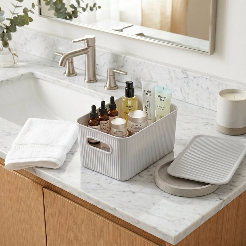 Panier en plastique nervuré, Blanc cassé, 1, H 5 po x l 7 po x P 10,5 po