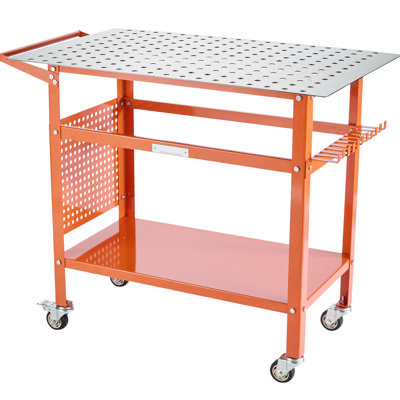 40"x24" Orange Steel Welding Workbench, 800lbs Static And 600lbs Dynamic Weight, High - Strength Frame, 216 5/8 Inch Fixture Holes, Double Layer Storage, Side Tool Rack, 11 Hooks, 4 Wheels  2 With