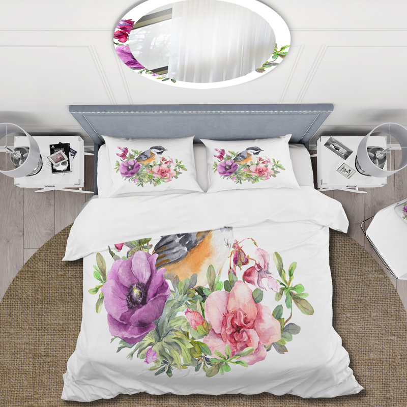 Oiseau mignon en fleurs roses et mauves - Ensemble de housse de couette traditionnel - Microfibre de polyester