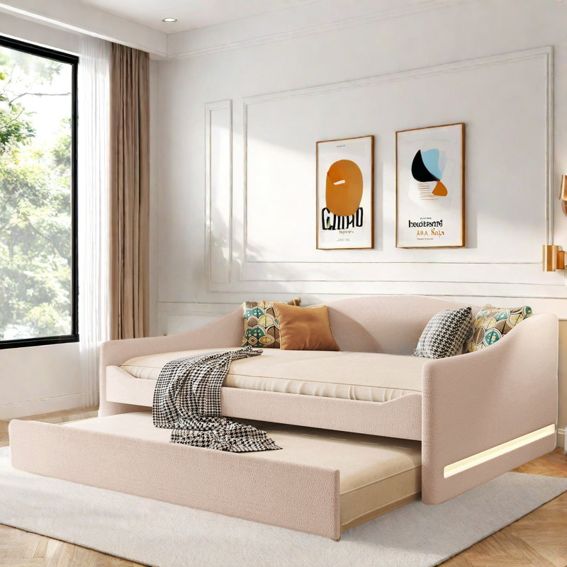 Upholstered Daybed Upholstered Daybed With Led Light And Trundle, Beige