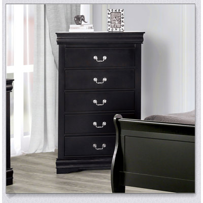 Commode à finition cerisier foncé avec tiroirs à queue d'aronde anglaise, étui anti-poussière et pieds de support pour chambres transitionnelles