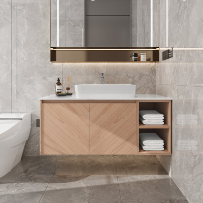 36 Inch Floating Bathroom Vanity, Wall Mounted Soft Oak Vanity Cabinet with White Ceramic Vessel Sink, Open Side Shelves and Hidden Storage, Modern Suspended Bathroom Cabinet