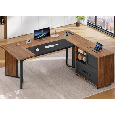 Bureau de direction 63 po avec classeur mobile, bureau en L avec prises de courant, poste de travail d'ordinateur en coin