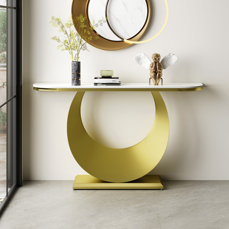 Demi-console de qualité supérieure avec plateau en faux marbre et base en métal doré (table seulement)