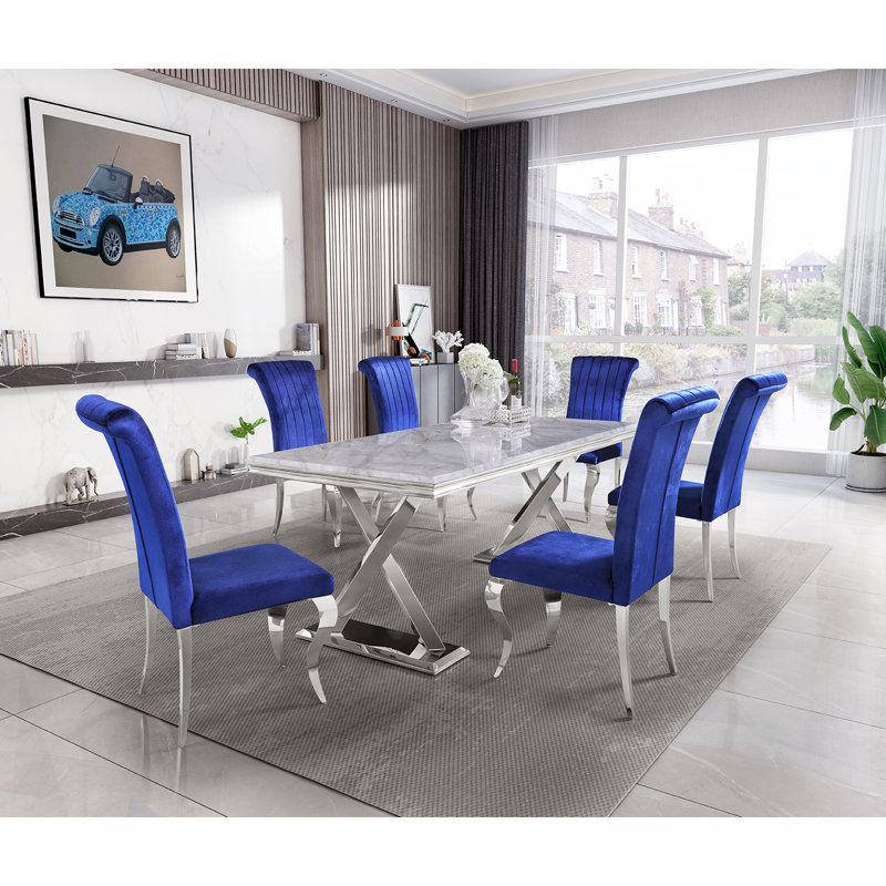 Chaise en velours Franciska, Bleu, Argent
