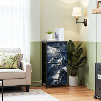 Commode 4 tiroirs pour chambre à coucher, commode étroite, plateau en bois et structure en fer 18 po x 37,5 po (lxH) - avec sommets enneigés sous un ciel nuageux spectaculaire